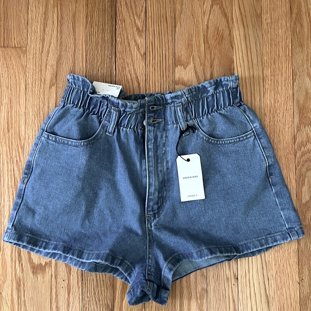 Forever 21 Cinched Waist Paper Bag Denim Shorts